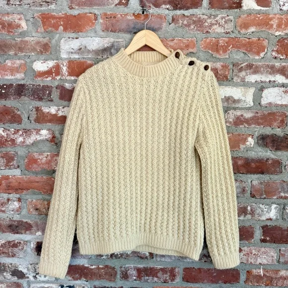 Vintage Cream Fisherman Wool Sweater Button Shoulder Chunky‎ Knit - Picture 2 of 5